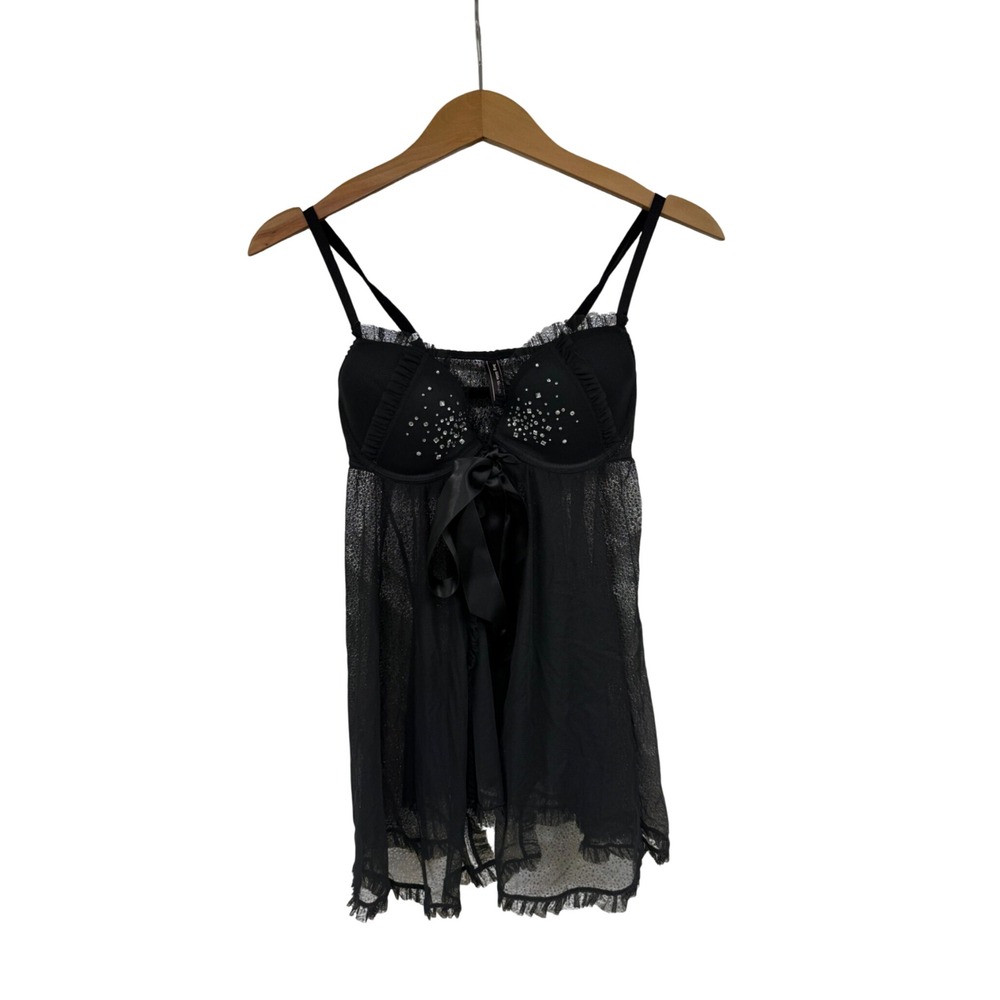 Victoria's Secret Sexy Little Things Black Rhinestone Babydoll Lingerie 34C